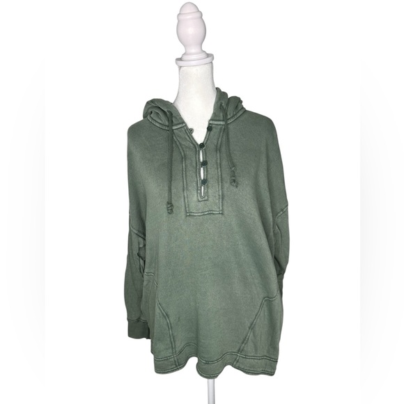 Aerie Beach Weekend Sage Green Half Button-Up oversized Hooded Sweater - Picture 2 of 14